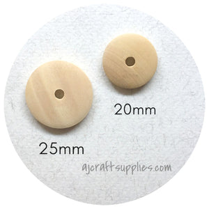 20mm Natural Wood Flat Coin Beads - Middle Hole - 20 Beads