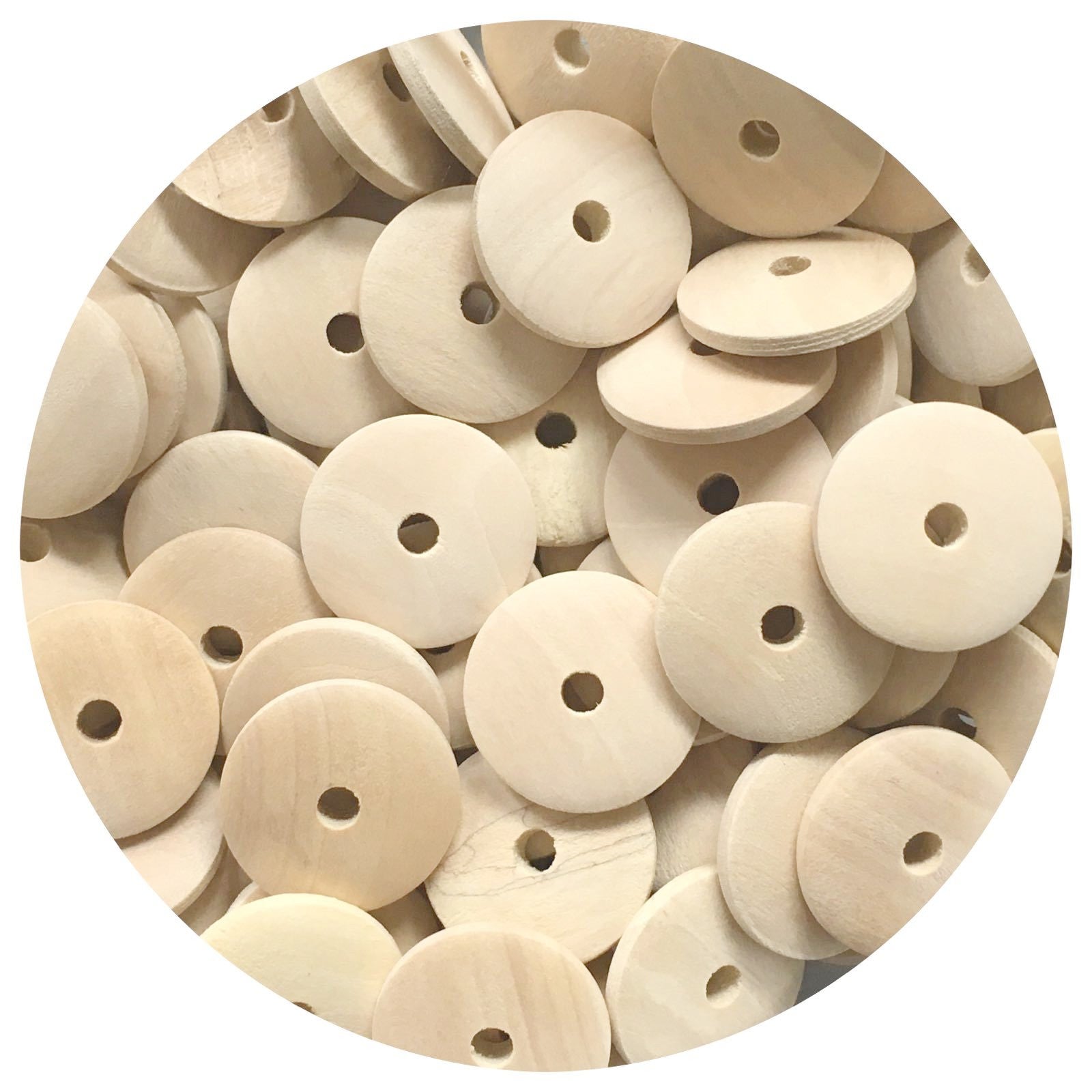 20mm Natural Wood Flat Coin Beads - Middle Hole - 20 Beads