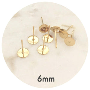 6mm Gold Stainless Steel Earring Stud Posts - 50 pcs