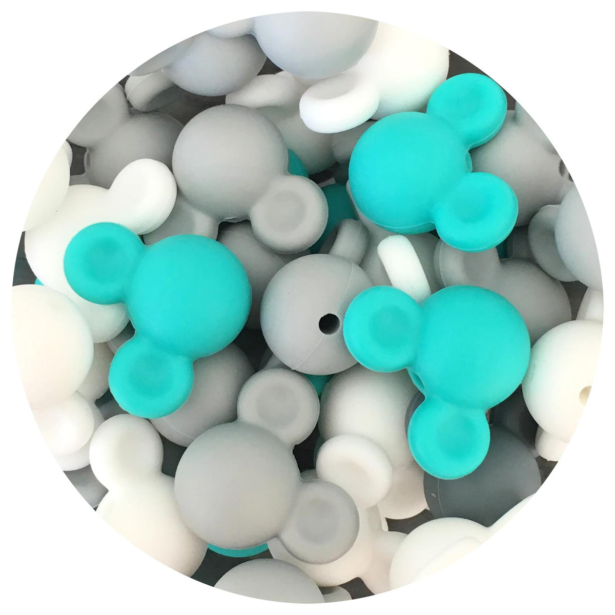 Turquoise Mix - Mouse Head - Turquoise, Snow White, Light Grey - 15 beads