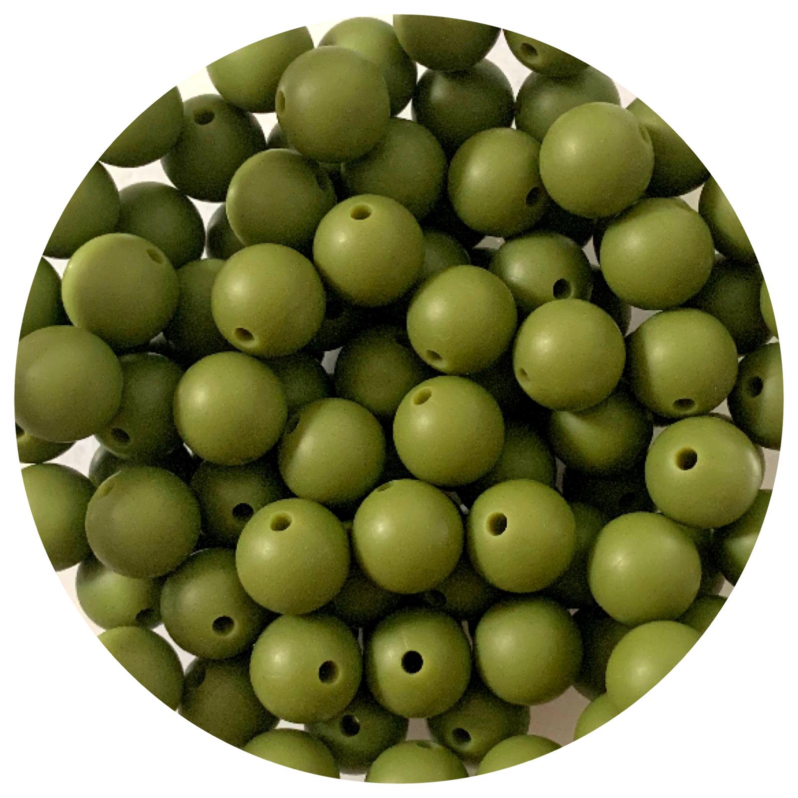Army Green - 12mm Round Silicone Beads - 10 beads