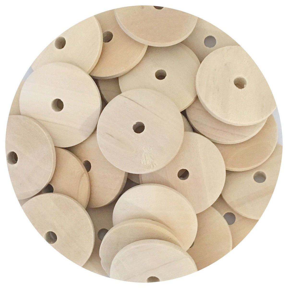 25mm Natural Wood Flat Coin Beads - Middle Hole - 20 Beads