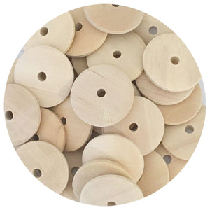 25mm Natural Wood Flat Coin Beads - Middle Hole - 20 Beads