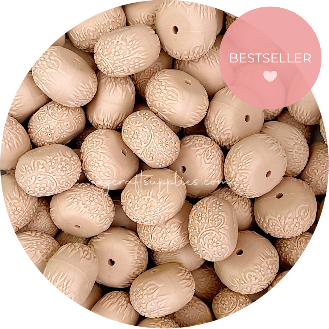 Oatmeal - 22mm abacus (Floral Embossed) Silicone Beads - 5 Beads