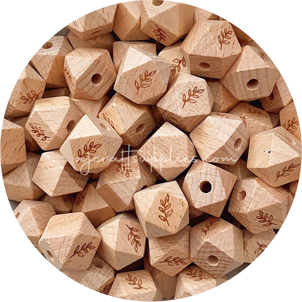 Beech Wood Engraved Beads (FERN LEAF) - CHOOSE A SIZE - 5 beads