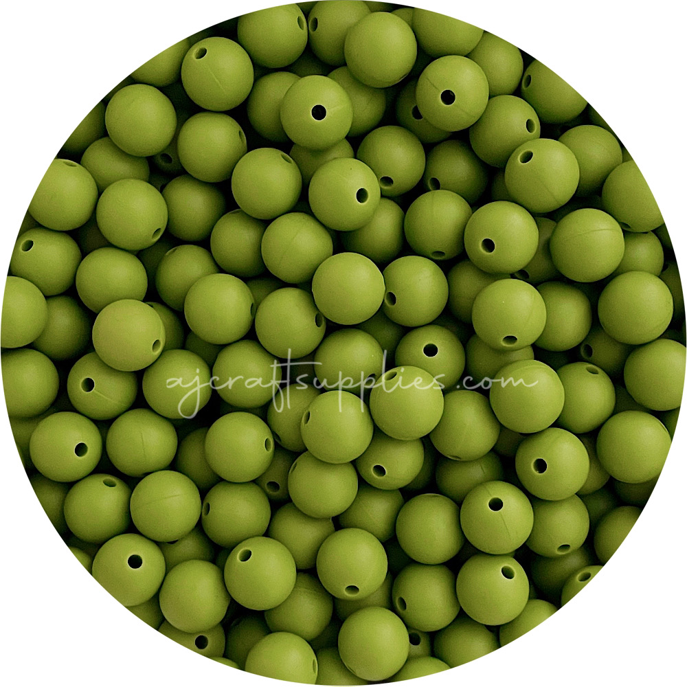 Olive Green - 12mm Round Silicone Beads - 10 beads