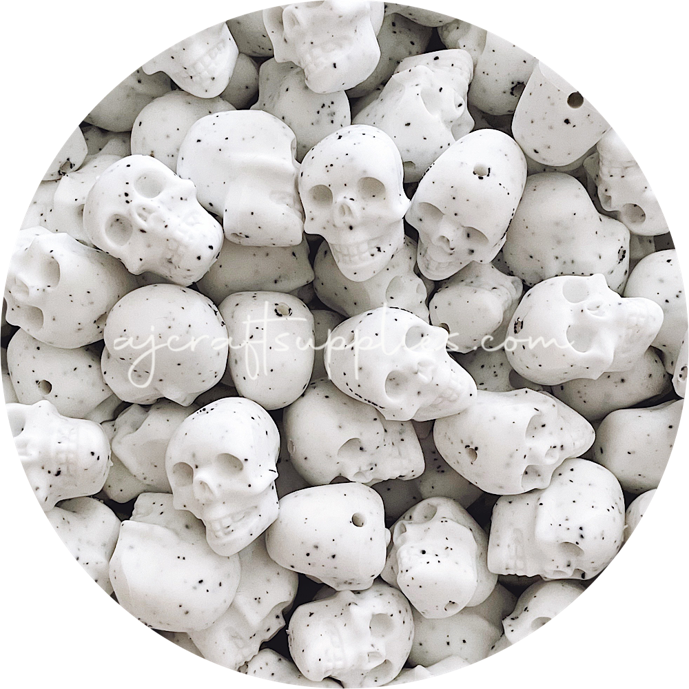 White Speckled - Skull Silicone Beads - 2 beads