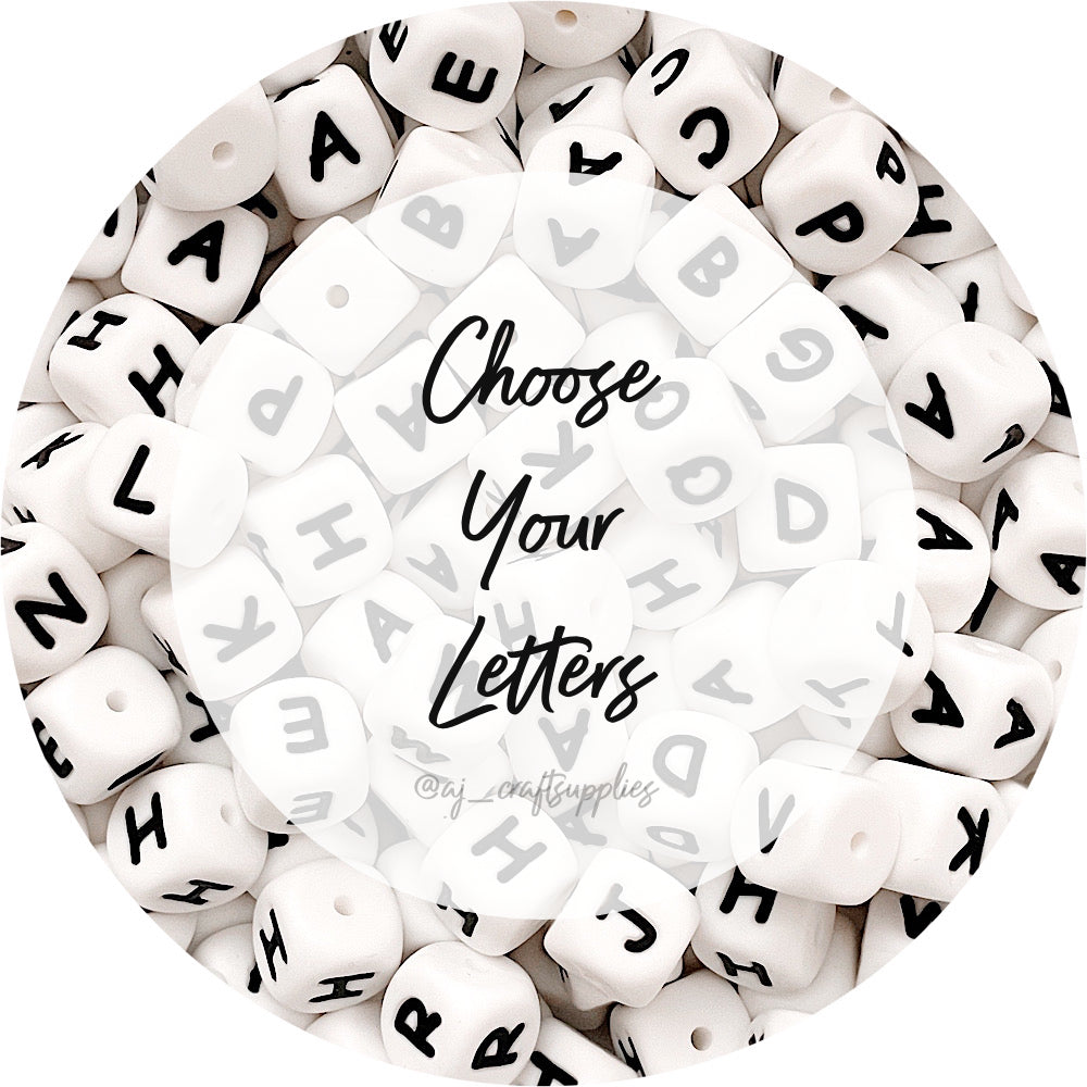 12mm Black/White Silicone Letter Beads - Choose Your Letters - Each