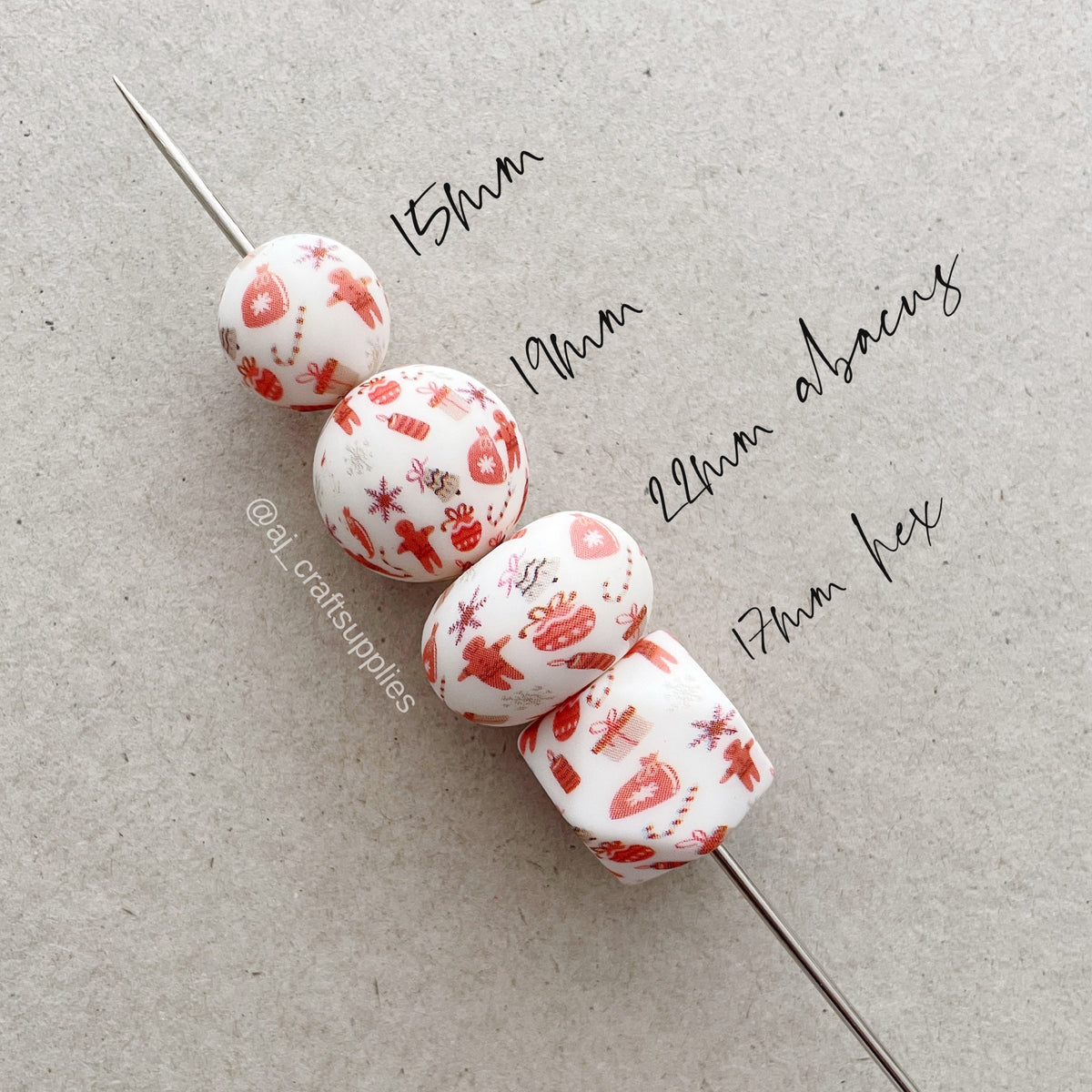 Gingerbread Man Christmas Print - 17mm hexagon Silicone Beads - 5 Beads