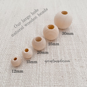 Large Hole Natural Wood Beads - 15mm Round - 5 Beads