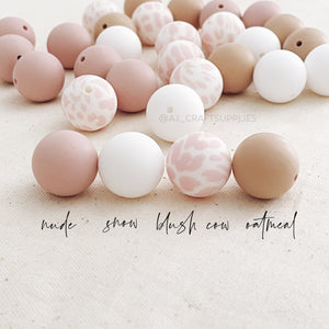 Blush Cow Print - 15mm round Silicone Beads - 10 Beads