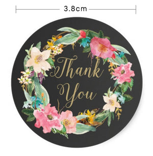 3.8cm Thank You Stickers - Floral Black -  60 stickers
